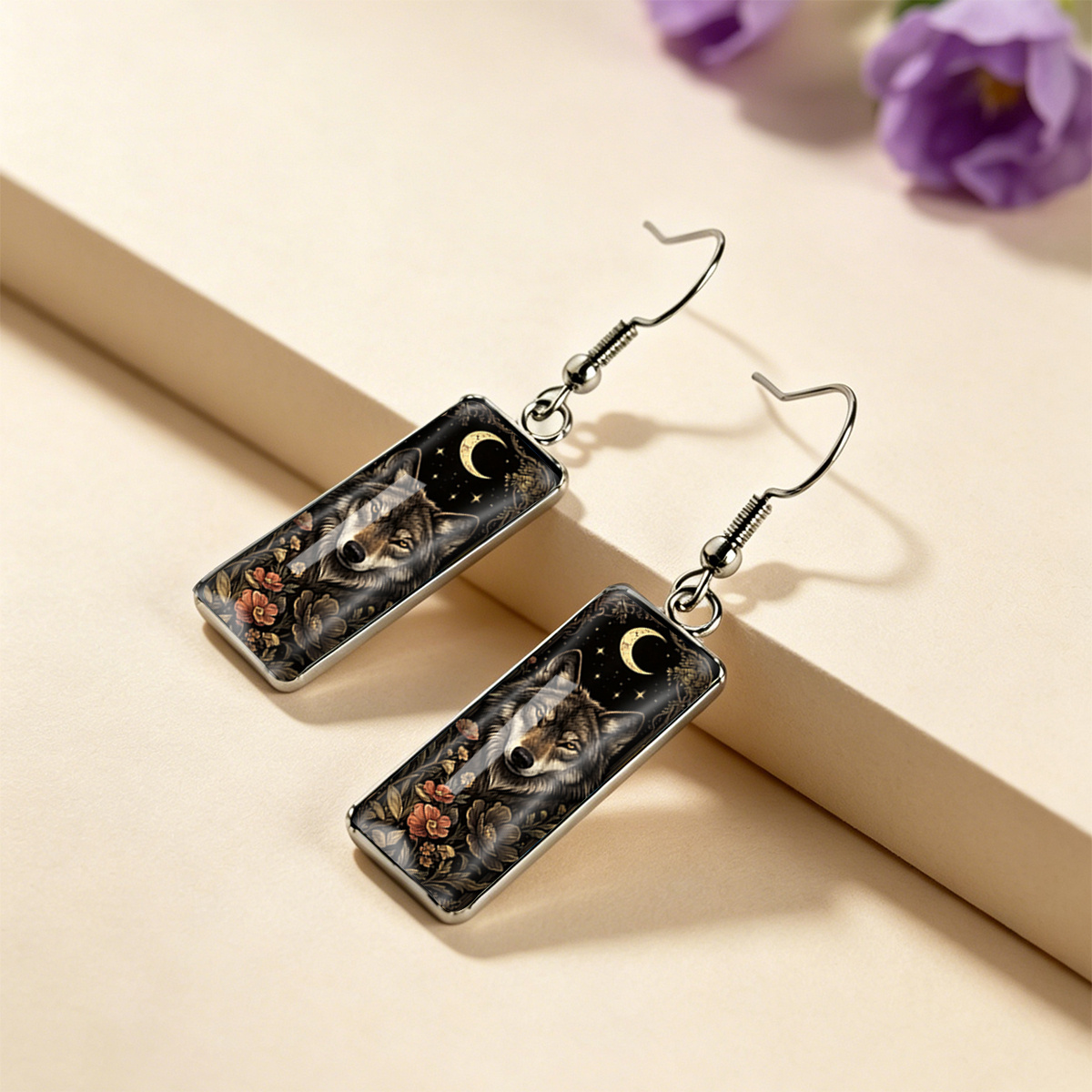 Crescent Moon & Wolf Vintage Flowers Earrings, Mystical Design